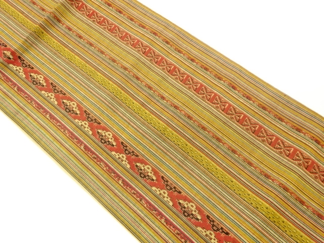 手織り紬縞に幾何学模様織出し全通袋帯